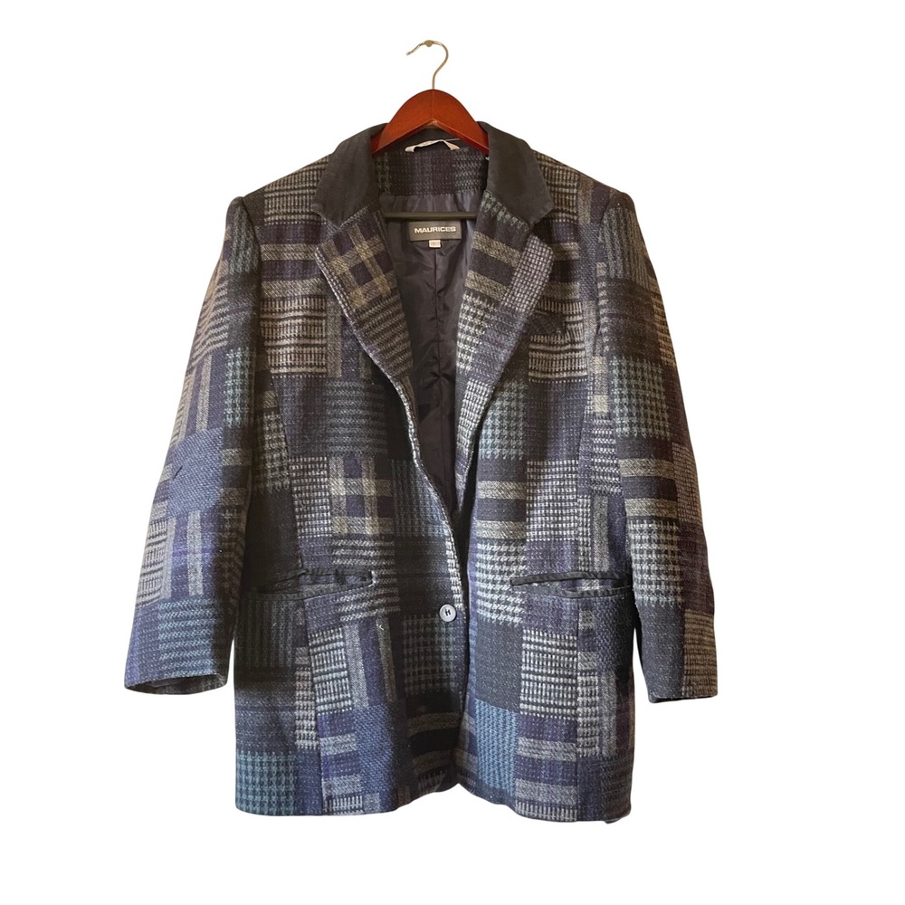 Vintage 90s y2k wool Womens Patchwork Plaid Blazer Jacket L twee academia